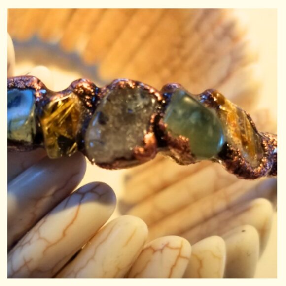 Handmade Jewelry Set Aventurine Golden Quartz Cuff Copper Bracelet Earrings - Picture 5 of 13